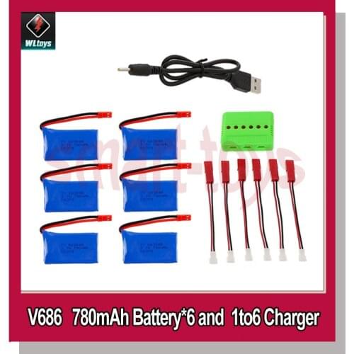 6Pcs V686-20 780mah Battery USB Charger and plug Conversion Cable for Wltoys V686 V626 V636 V686G Quadcopter Parts