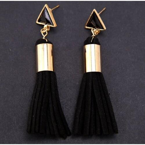 White Black Triangle Ear Stud Yellow Black Leather Tassel Drop Earrings Women Dangle Earrings