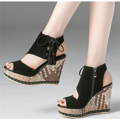 Women Cow Suede Leather Wedges High Heel Roman Gladiator Sandals Open Toe Summer Party Platform Pumps Shoes Casual Shoes Tassels