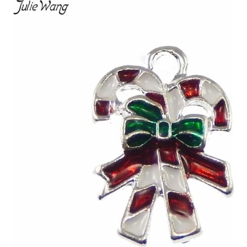 Julie Wang 10pcs Vivid Enamel Christmas Stick Shape Silver Color Based Christmas Deco Pendants Flaoating Charm Necklace DIY
