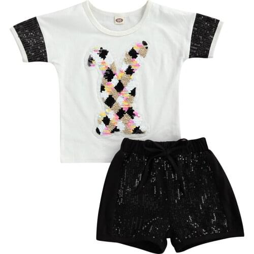 Baby Girls Clothes Set with Sequins, Short Sleeve O-neck T-shirt + Elastic Waist Short Pants