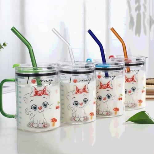Creative Cute Cartoon Cat Glass Straw Cup Heat Resistant Milk Coffee Mug With Lid Scale Large Capacity Breakfast Mug Drinkware
