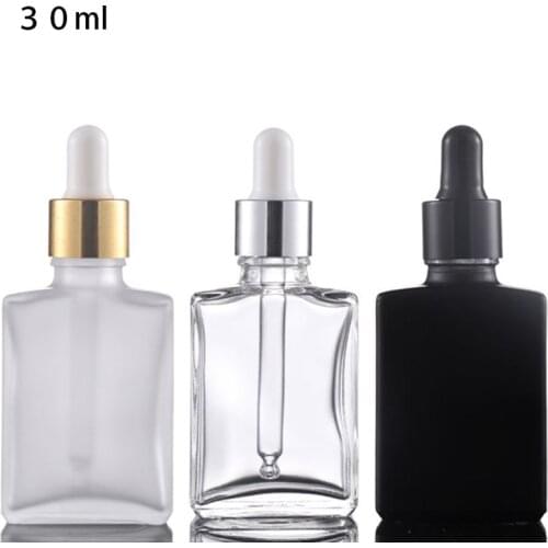 200 x 30ml Square Flat glass with black pipette dropper 1oz black Clear Frost glass e liquid container, 30ml dropper bottle
