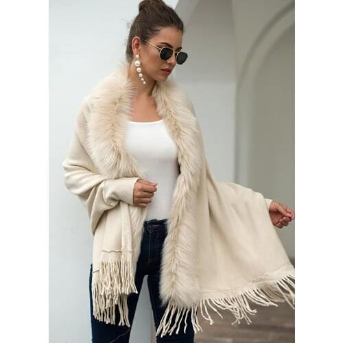 Fitshinling Fur Collar Winter Shawls And Wraps Bohemian Fringe Oversized Womens Winter Ponchos And Capes Batwing Sleeve Cardigan
