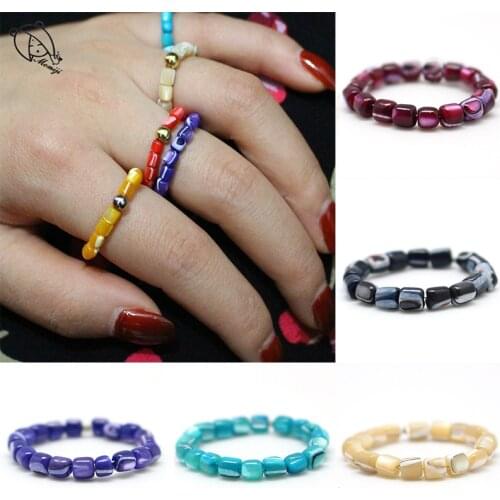 Momiji Boho Natural Shell Rings for Women with Stainless Steel Bead Elastic Rope Chain Multi Color Handmade Jewelry Wedding Ring