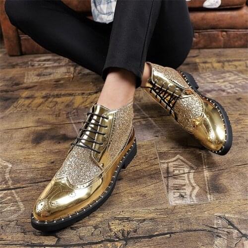 Men Leather Fashion Low Heel Dress Shoes 2021 Spring Autumn Ankle Boots Vintage Classic Male Casual Sequin Cloth Footwear