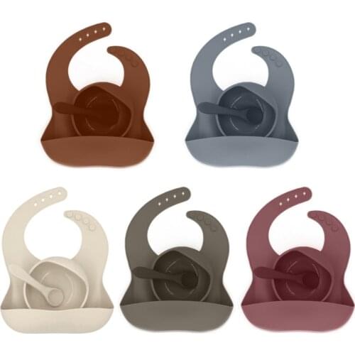 3Pcs Baby Tableware Set Newborn Bibs+Dinner Plate+Spoon Set Waterproof Food Grade Silicone Feeding Saliva Towel Bib Fashionable