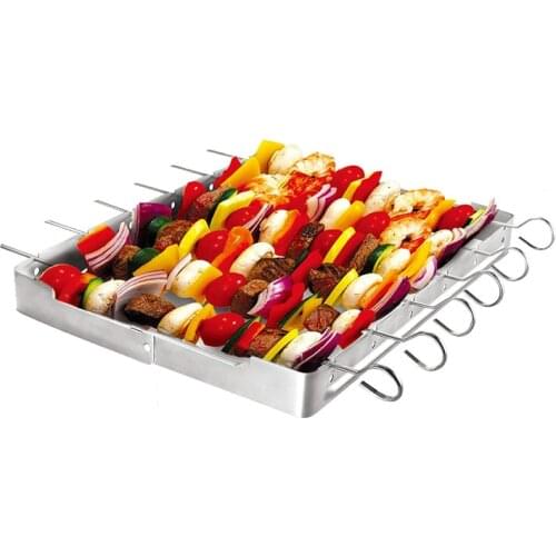 Heavy Duty Stainless Steel BBQ Skewer Rack Barbecue Skewer Shish Kabob Set 6pcs Skewers+Foldable Grill Rack For Party Cookout