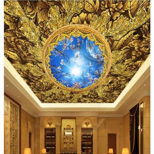 3d ceiling murals wallpaper custom photo Luxury European pattern blue sky flower branch white pigeon wallpaper for living room