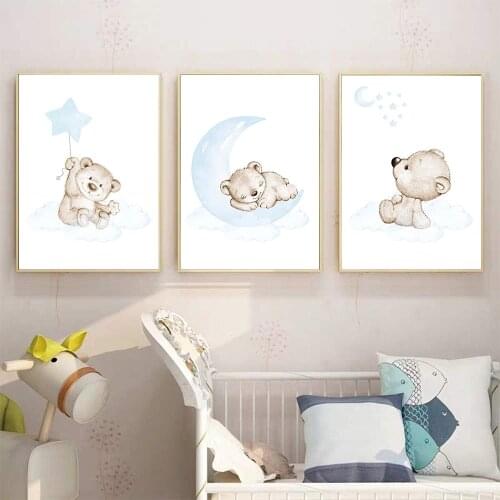 Lovely Bear Child Wall Poster Canvas Art Print Simple Cartoon Moon Star Painting Nordic Kids Decor Picture Baby Boy Bedroom Deco
