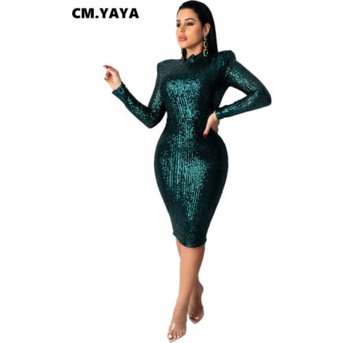 2020 Spring Winter Dress Women Sequined Sexy Full Sleeve Bodycon O-Neck Night Club Party Street Bandage Midi Pencil Dresses GL67