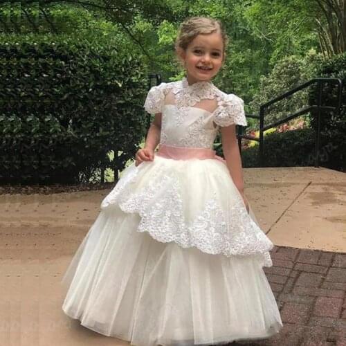 Amaya White High Neck Flower Girl Dresses for Wedding Lace Apliques Holy Communion Gown Sleeveless Kids Prom Dress Vestidos Niña