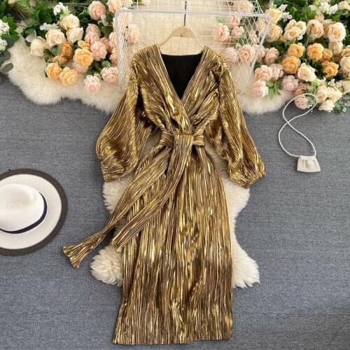 Ladies Dress Vintage Gold High Waist Luxury Glitter Deep V-Neck Sexy Evening Dress Long Sleeve Elegant Belted Mid-Length Dress