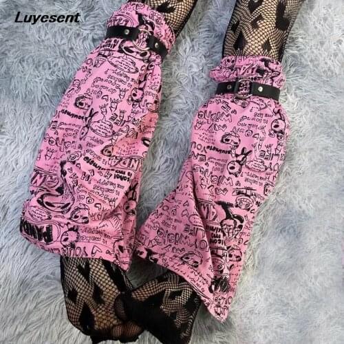 Pink Kawaii Girl Leg Warmer Y2k Lady Sweet Lolita Long Sock Gothic Gaiter Foot Covers Cartoon Bear Print Leg Warmers PU Strap