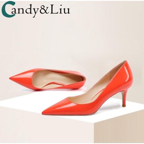 Spring Autumn New Sexy Fashion Show Orange Patent Leather 6cm Shallow Mouth Shoe Pointed Thin Medium High Heel Womens Shoes