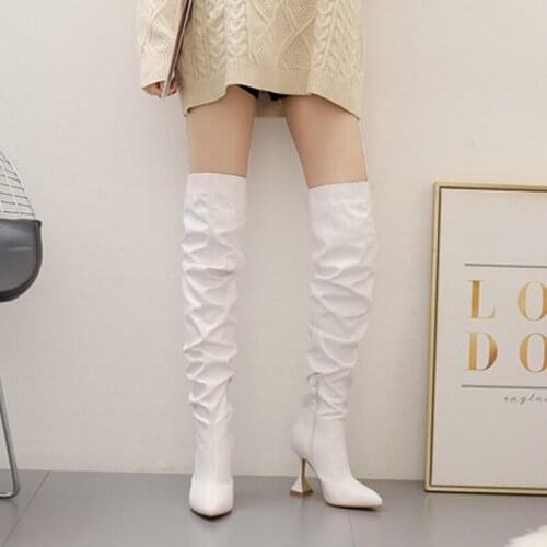 New Winter Womens Boots Pointed White High Heel Knee-Length Boots Fashion Wine Glass Heel Ladies High Boots Casual