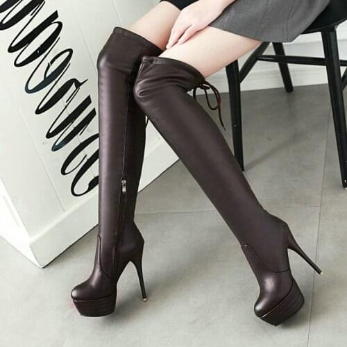 New PU Ladies Four Seasons Boots Cross Tied Zipper Over The Knee Boots Fashion Platform Sexy Super High Heel 13.5cm Women Shoes