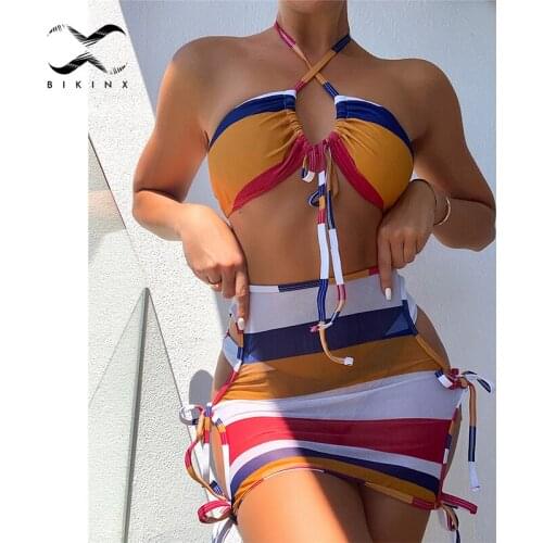 Stripe print swimsuit womens swimming suit Bandeau bikini set String 3 pieces suits Sexy high cut bathing suit Skirts swimwear