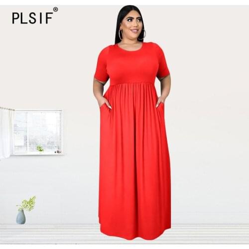 New solid color women dress o neck short sleeve fit and flare sexy long maxi dress lady plus size dresses beach