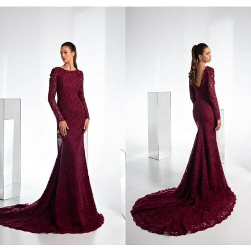 Evening Dresses Jewel Long Sleeve Lace Appliques Mermaid Prom Gowns Custom Made Sexy Backless Sweep Train Special Occasion Dress