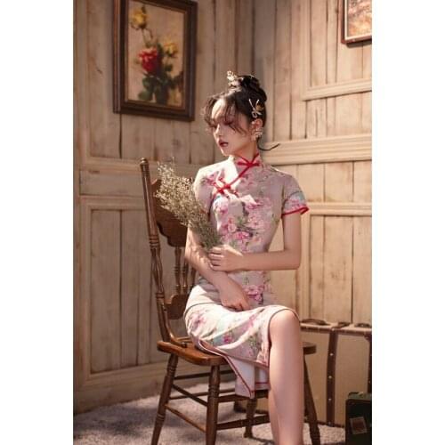 Chinese Style Young Girls Cheongsam 2021 Womens Dress High Slit Short Sleeve Summer Large Size Floral Printed Fashion Outfits