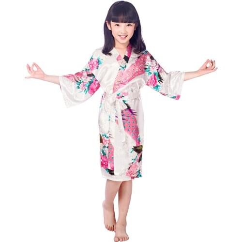 Flower girls satin kimono robes peacock wedding bridesmaid white silk robes childrens black bathrobe sleepwear nightgown Xmas