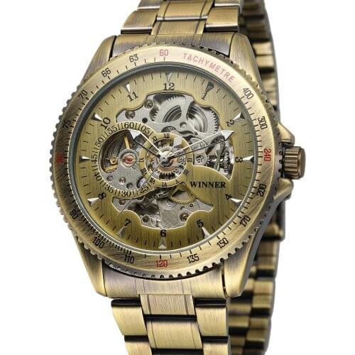 WINNER watch Retro green fashion multi-digital dial with color steel belt mens manual mechanical steel watch