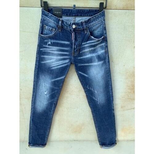 2021 Fashion Tide Brand Patch Applique Washed Frayed Holes Painted Micro-elastic Slim Feet Jeans 016