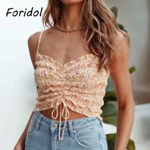 Foridol Ruffle Lace Up Ruched Camis Adjustable Orange Crop Tops Summer Cute Floral Print Holiday Boho Tops 2021