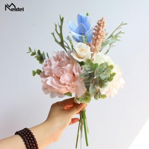 Meldel Blue Galsang Artificial Rose Silk Flower Bouquet Home Hotel Table Decor Fake Flowers Wedding Bride Holding Floral Bouquet