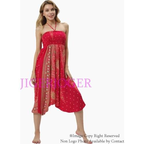 JIGERJOGER 2020 womens Red Feather printed 2 in 1 Jumpsuit Harem pant Rope Halter Neck Beach loose leg Baggy pants Yoga Legging