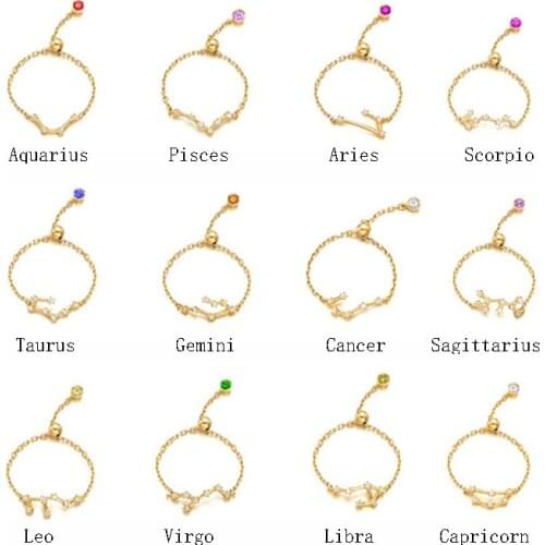 Trustdavis 925 Sterling Silver Gold Crystal Taurus Capricorn Scorpio Twelve Constellation Finger Ring For Women Wedding Jewelry