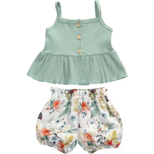 2Pcs Baby Girls Summer Outfits Halter Button Ruffled Camisole Tank Tops + Bowknot Shorts Striped Casual Clothes Set