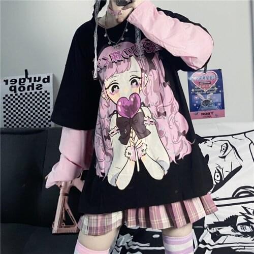 Fashion autumn Funny T-Shirt Women Oversized T Shirt Japanese cartoon anime Kawaii black Tops long Sleeve Clothes streetwear hot