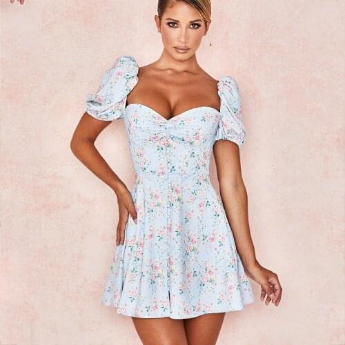 Fashion Floral Ladies Summer Dress Sexy Low Cut Backless Short Sleeve Slim Women Dresses Party Club Clothing 2021Robe Femme