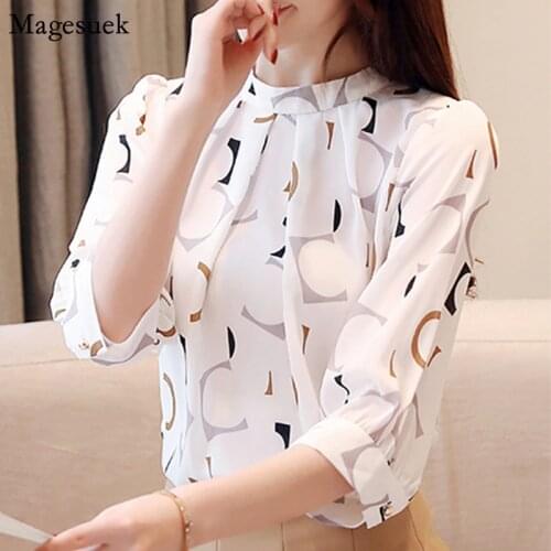 Fashion Printed Chiffon Women Blouses O-Neck Slim Pullover White Shirt Women Korean Vintage Blouses Women Casual Blusas 2480 50