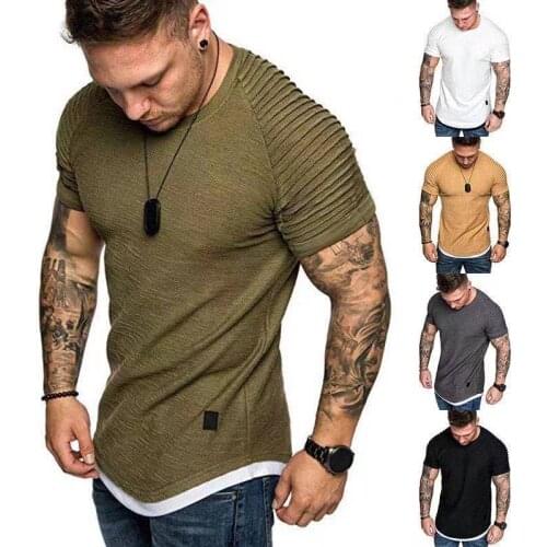 Mens T-Shirts Pleated Wrinkled Slim Fit O Neck Short Sleeve Muscle Solid Casual Tops Shirts Summer Basic Tee New