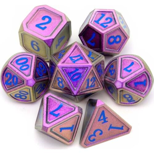 Haxtec Metal Dice Set Chameleon Color Changing DND Polyhedral RPG for D&D-Orchid Purple Gold Shift Blue Numbers