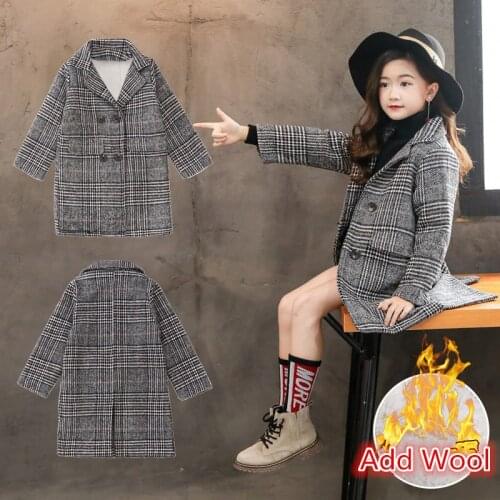 New Autumn Winter Girls Fashion Plus Velvet Thick Cotton Houndstooth Woolen Coat for Kids Teens Long Outerwear Children Overcoat