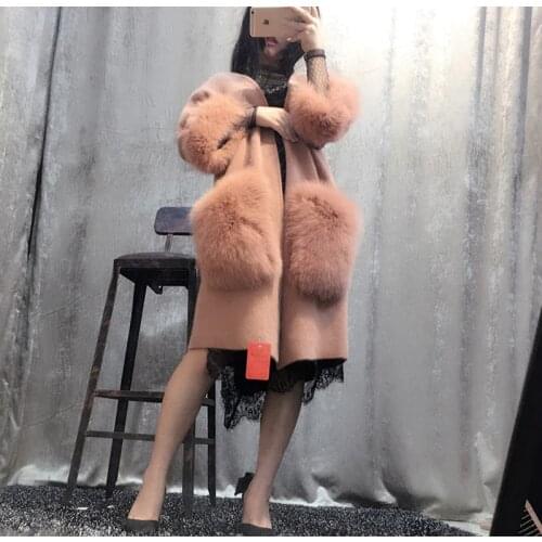 New women knitted mink cashmere sweater with big fox fur pocket ladies free shipping 019