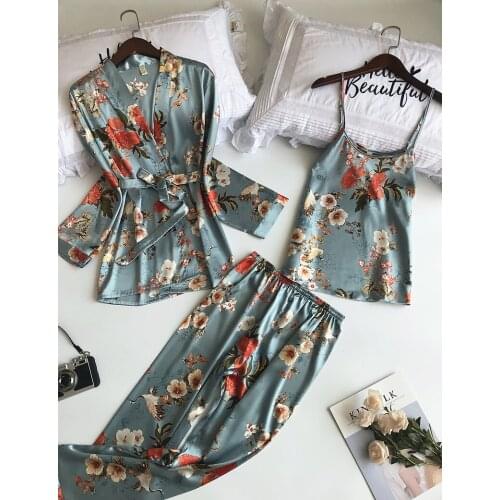 2019 Fall 3 Pcs Women Pajamas Sets with Robe Pants Sexy Pyjama Nightgown Satin Flower Print Nightwear Silk Homewear Sleepwear