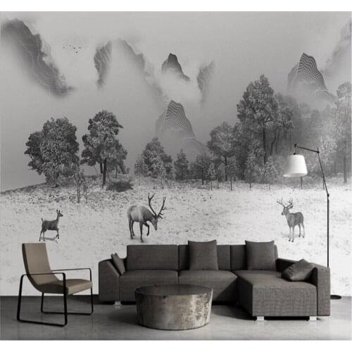 Custom 3d wallpaper new chinese style art mood abstract line landscape elk background wall decoration painting