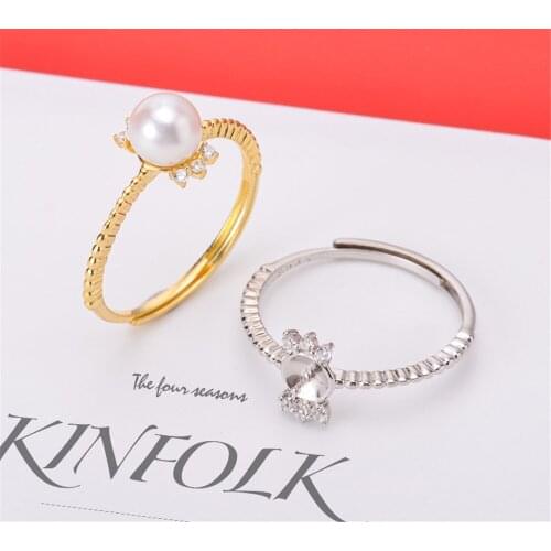 S925 Sterling Silver Adjustable Ring Settings Base Blank Jewelry Findings Fit Half Hole Pearl DIY Women Ring Making Accessories