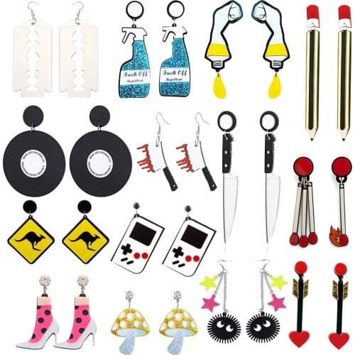 Earrings For Women Acrylic Eardrop Cosplay Eye-Catching Punk Jewelry For Party Exaggerated Record Knife Halloween Vinyl Records