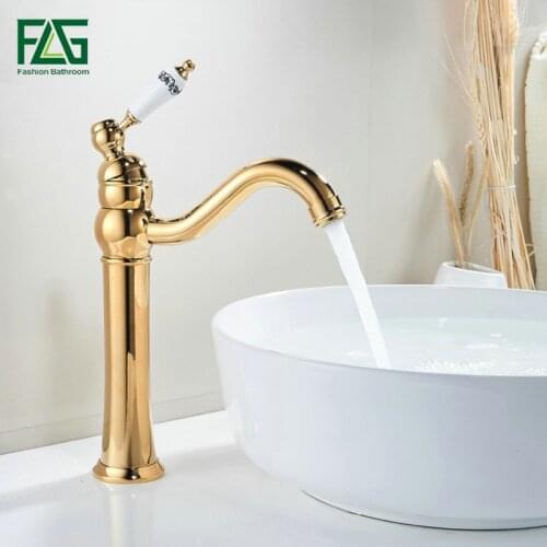 FLG Basin Faucet Gold Color 360 Degree Swivel Basin Tap Deck Mounted Porcelain Handle Golden Classic Bathroom Faucets 510-22G