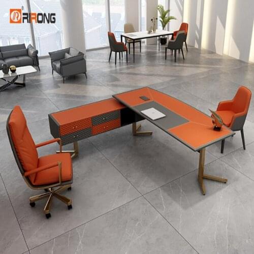 Italian Style Executive Desk L Shape Orange Blue Gray Leather Modern Table CEO Manager Office Furniture Set