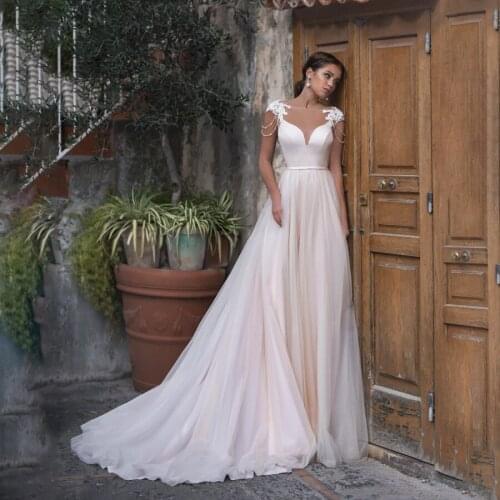 Empire Waist with Crystals Blush Pink Wedding Dress Backless Tulle Bridal Dress vestidos de noiva simples