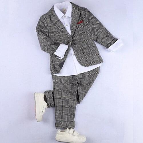 One Button Tweed Plaid Boys Suit 2 Pieces Child Fromal Dress Wedding Suits Baby Grey Tuxedo Kids Blazer with Pants set 2020