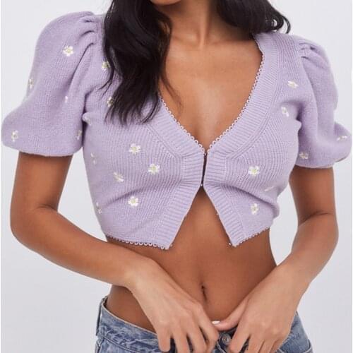 2021 Retro Purple Embroidery Flower Cropped Cardigan Tank Tops V neck Covered Button Sweater Jumper Total Knit 2 pieces 1 Set
