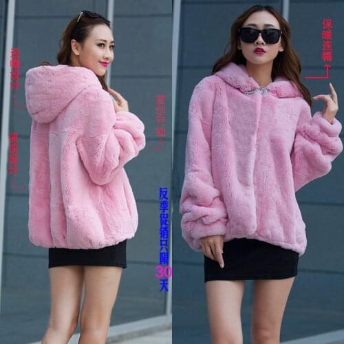 Rex Rabbit fur coat short paragraph hooded women long-sleeved whole skin real rabbit fur outwear warm